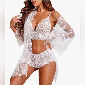 White Floral Lace 3-Piece Bridal Lingerie Set | Bralette, Panty & Sheer Robe